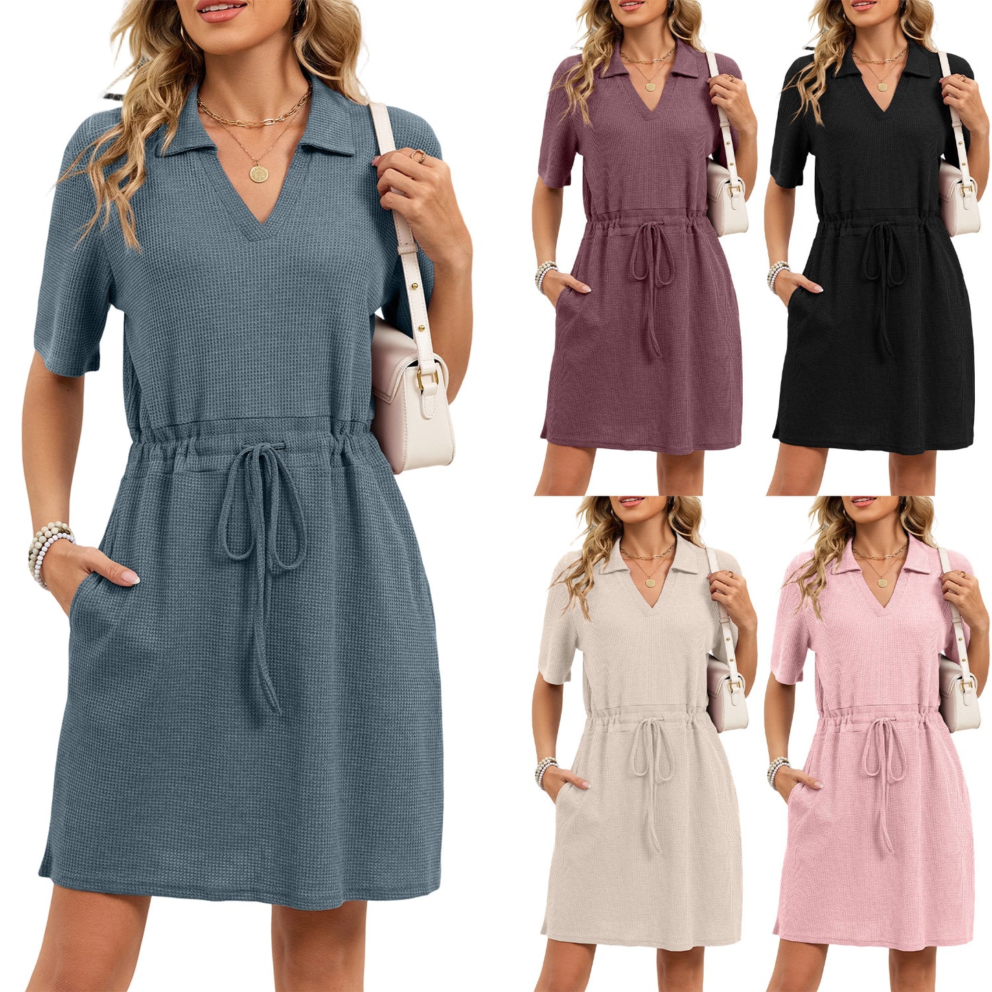 Women's Loose Lapels Sleeve Drawstring Pocket For Dress
