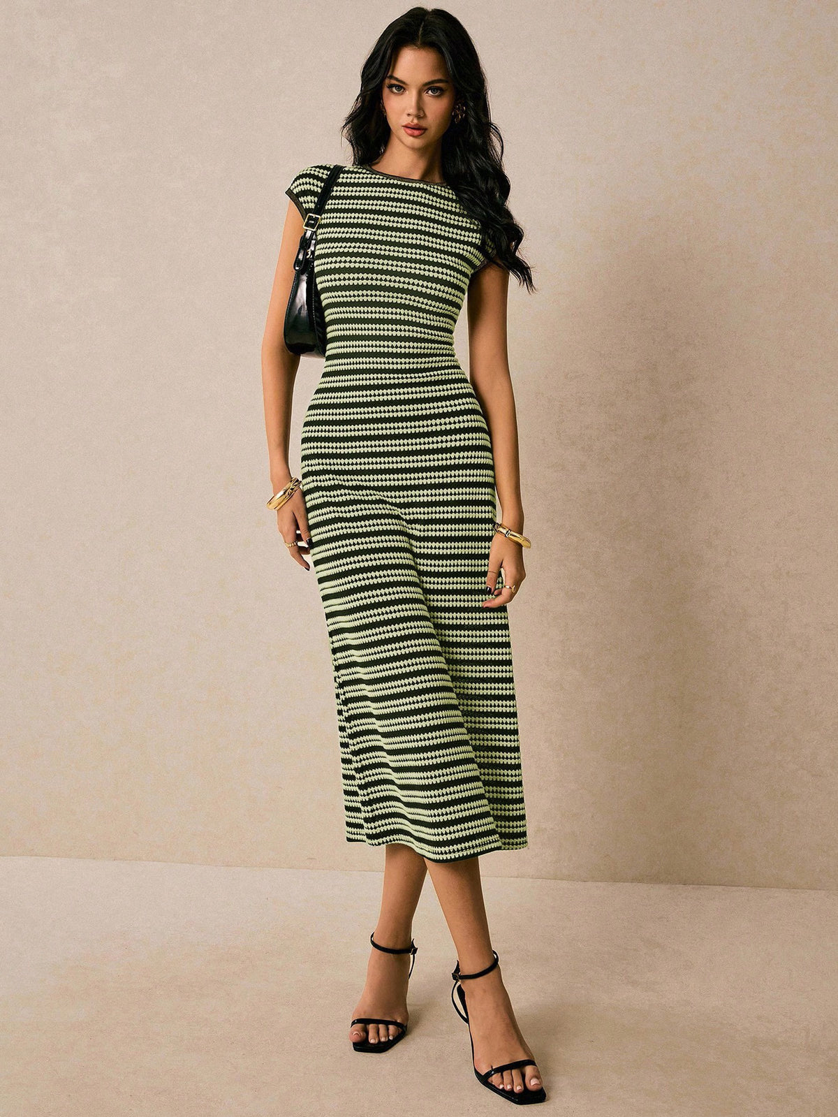 Women's Striped Knitted Midi With Shoulder Sleeves Slim Fit Dress