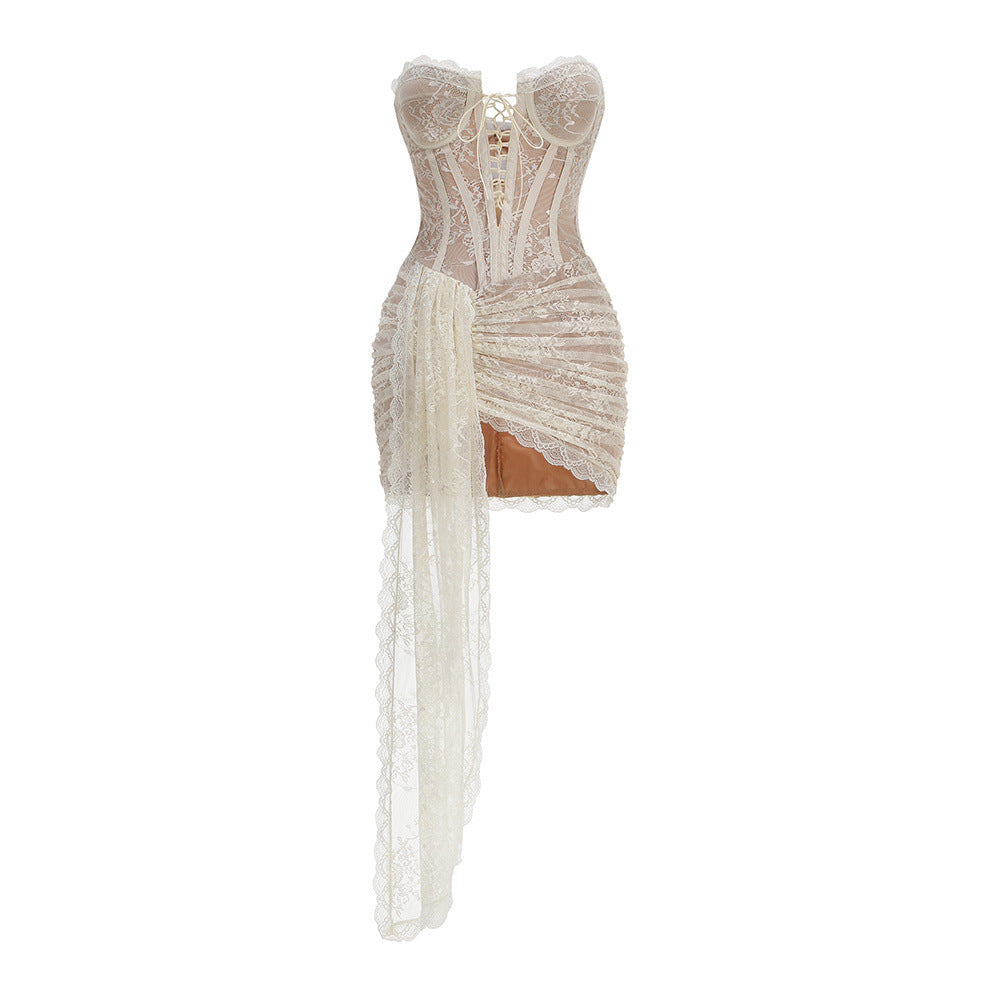 Sexy Lace Tube Fishbone Irregular Waist Dress Dresses