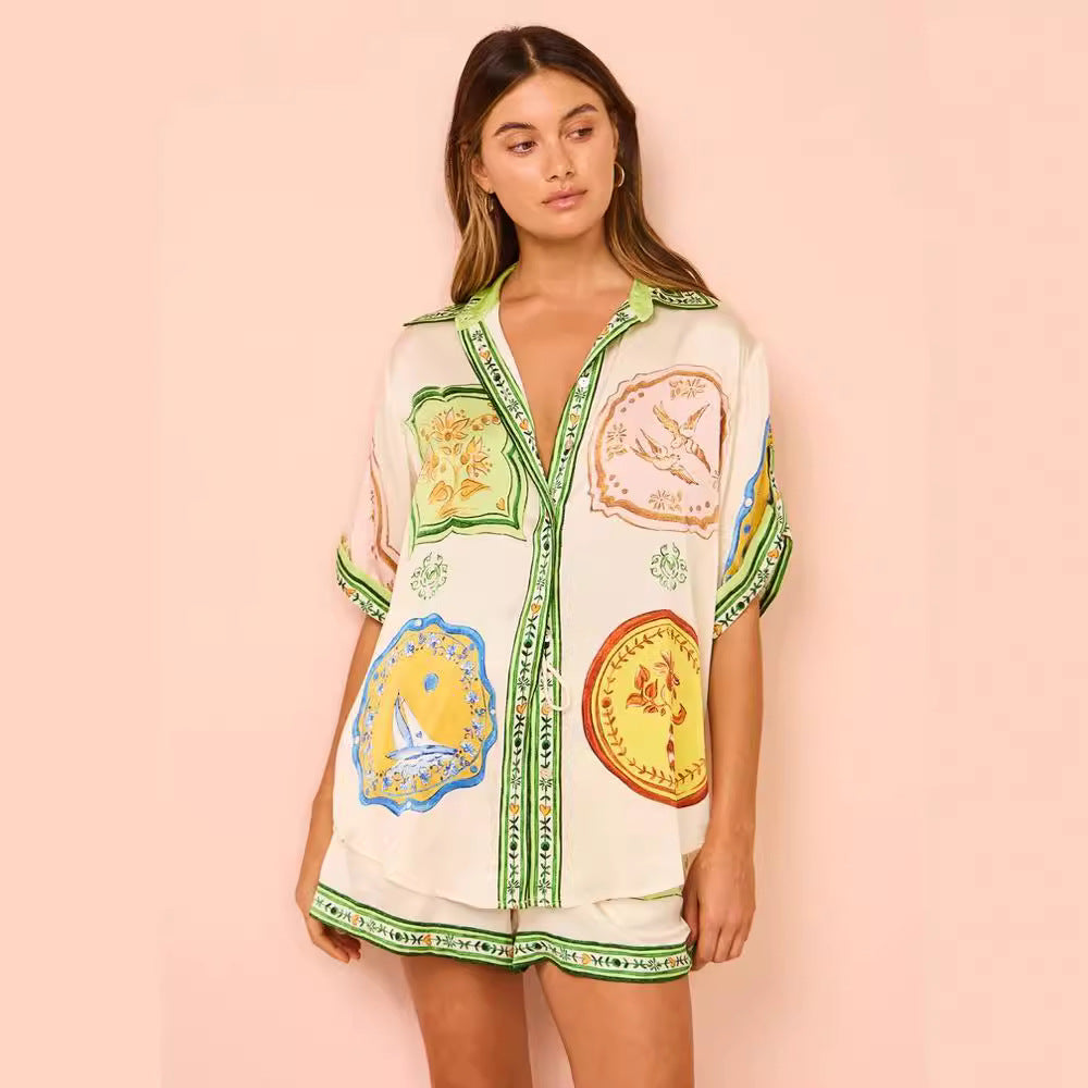 Loose Fashionable Printed Satin Shirt Collar Suits