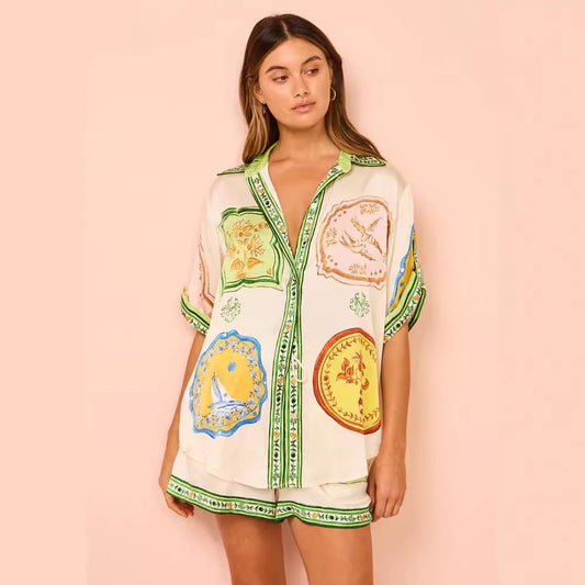 Loose Fashionable Printed Satin Shirt Collar Suits