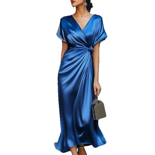 Women's Collar Sleeve Solid Color Dress Satin Shorts