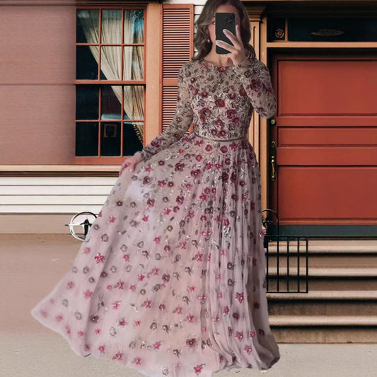 Slimming Mid-length Long Sleeve Three-dimensional Flower Dresses