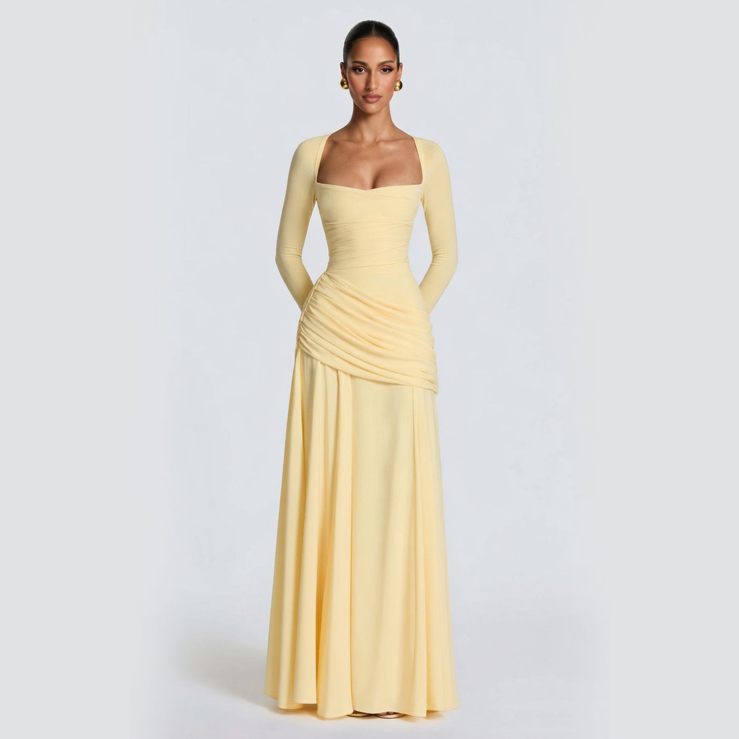 Women's Temperament Pure Color Square Collar Pleated Waist Tight Formal Dress