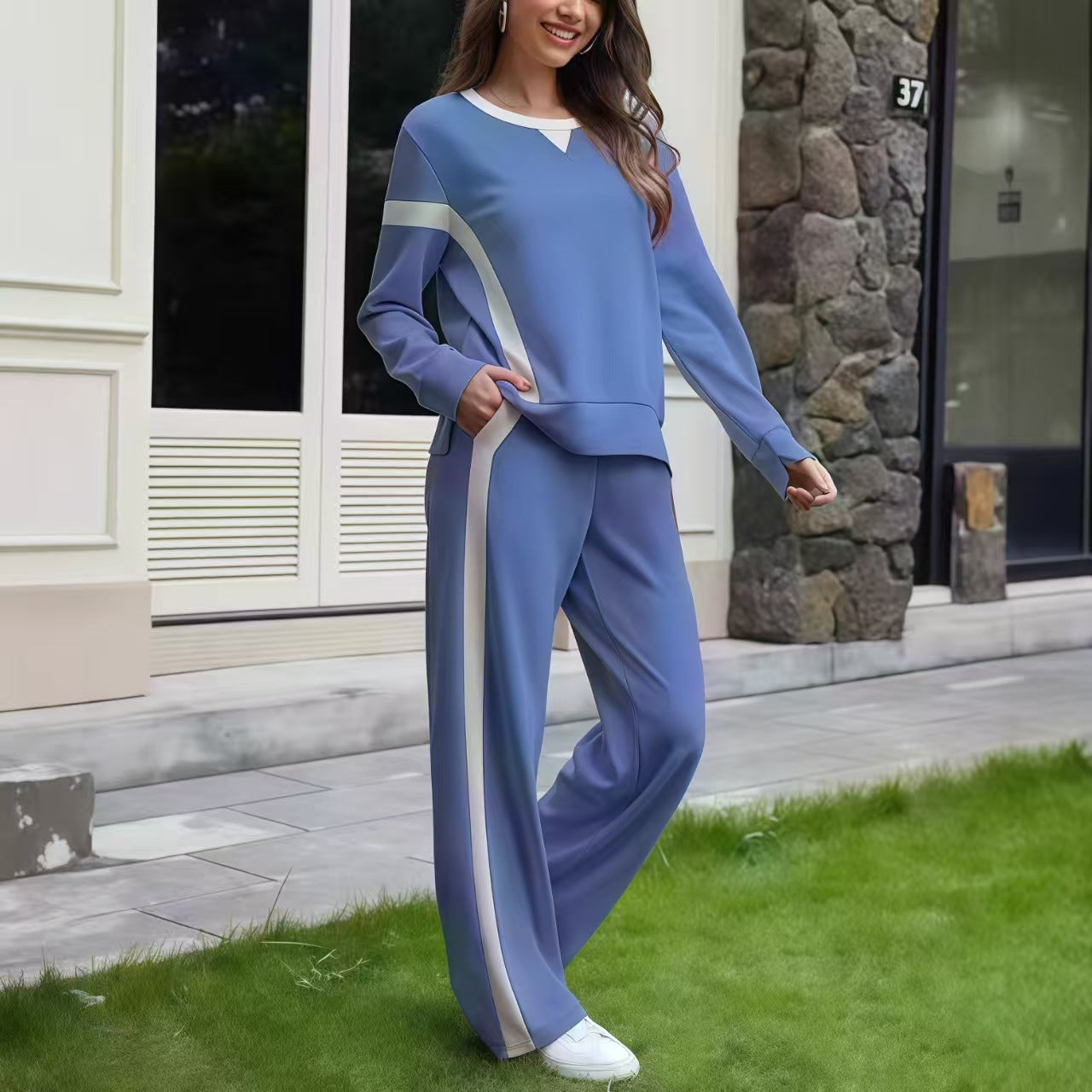 Women's Autumn Striped Color Matching Long Sleeve Fashion Casual Suit