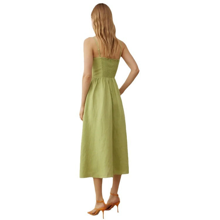 Women's Green Suspenders Linen Mid-length Dress French Dresses