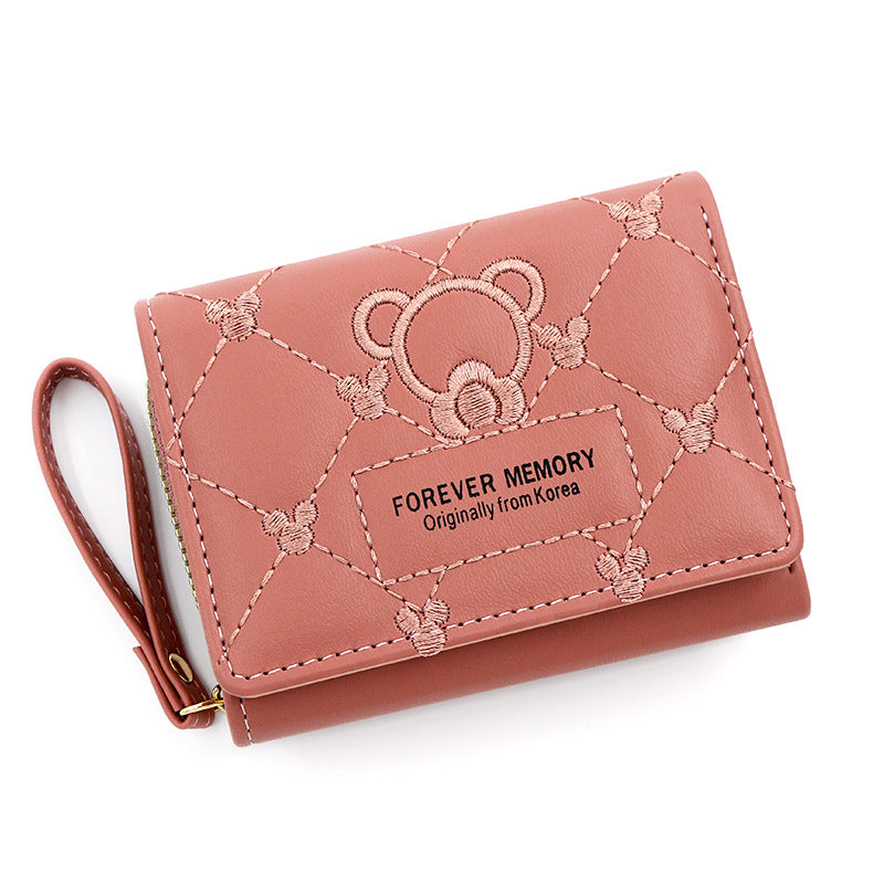 Women's Korean Style Cute Bear Embroidered Short Ladies Wallets