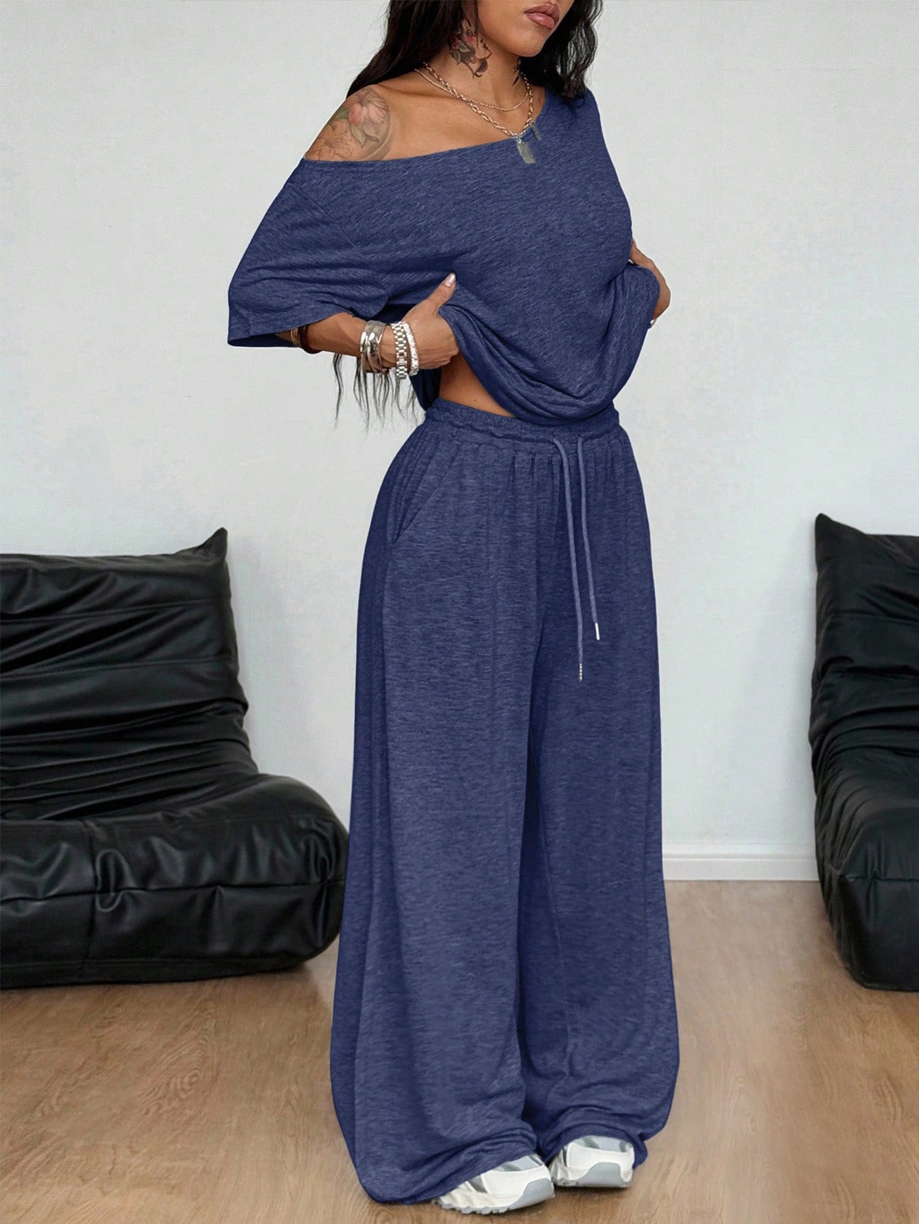 Women's Diagonal Collar Solid Color Sports Two-piece Loose Fashion Casual Suit