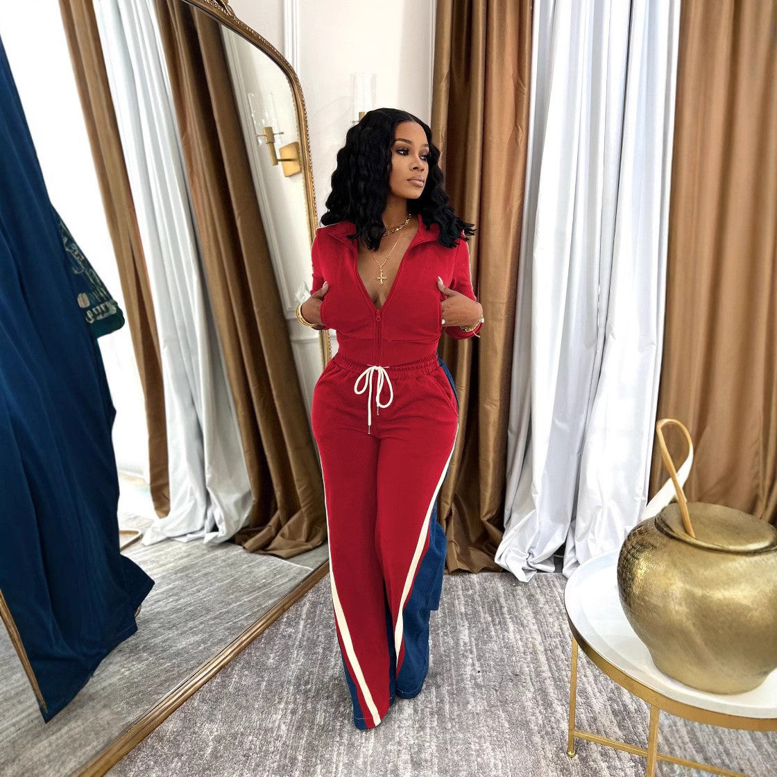 Women's Denim Thread Stitching Sport Two-piece Pocket Suits