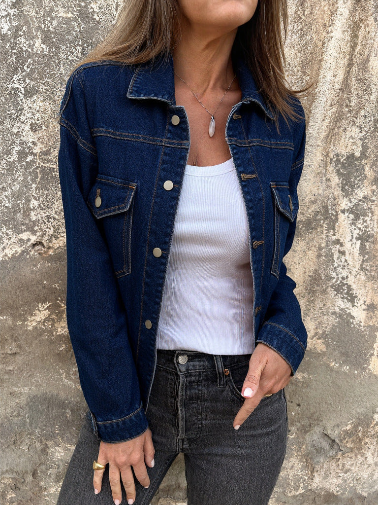 Trendy Classic Lapel Denim Solid Color Jackets