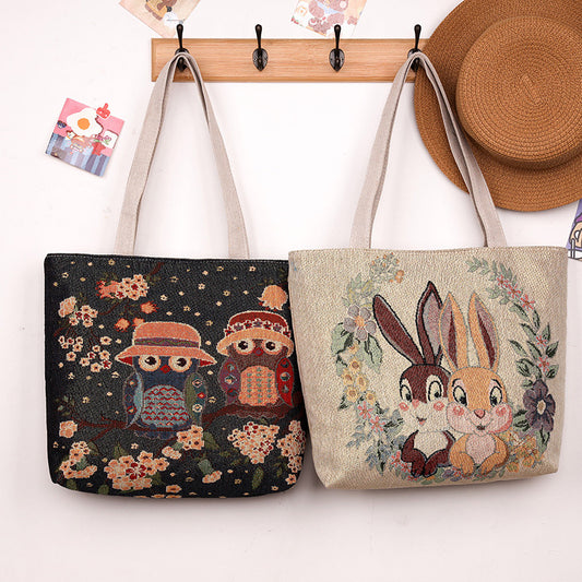 Silk Jacquard Embroidered Elephant Couple Tuition Tote Bags