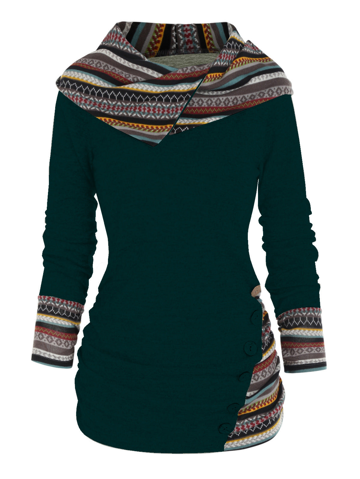 Women's Striped Stitching Hooded Knitted Long Sleeve Button Sweaters