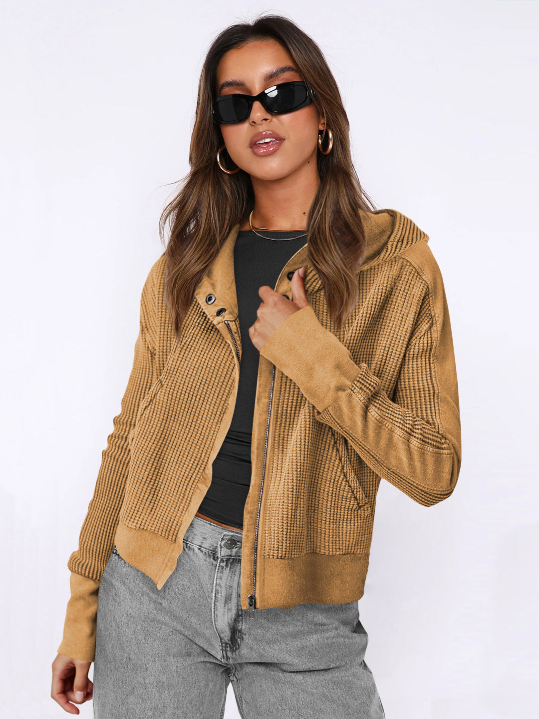 Women's Patchwork Hoodie Idle Style Zipper Hooded Sweaters