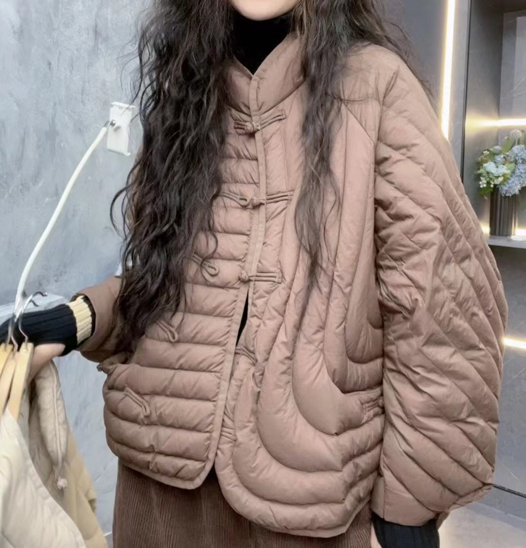 Women's White Duck Down Stand Collar Buckle Jackets