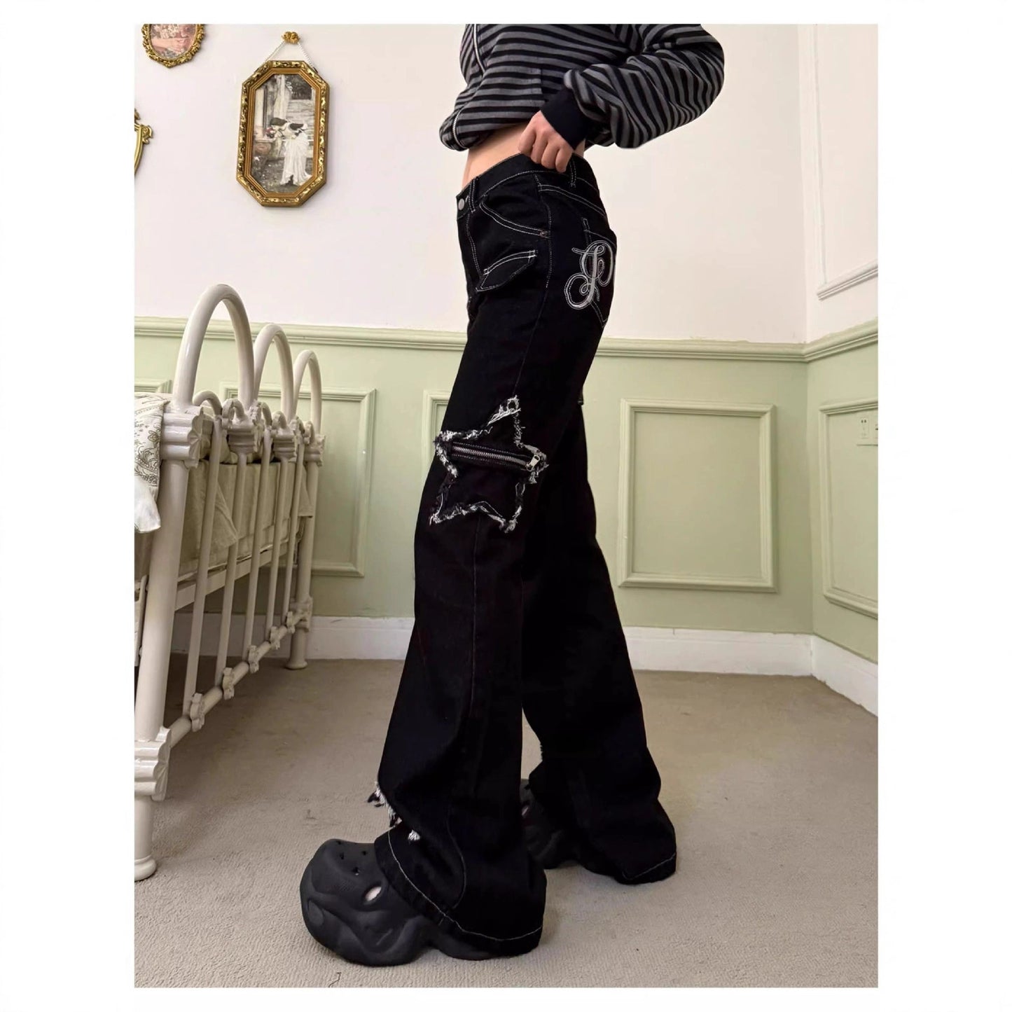 Women's Patch Slightly Flared Subculture High Waist Slim Fit Jeans
