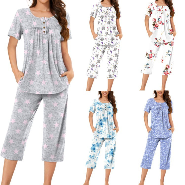 Women's Pajamas T-shirt Button Round Neck Printed Pants
