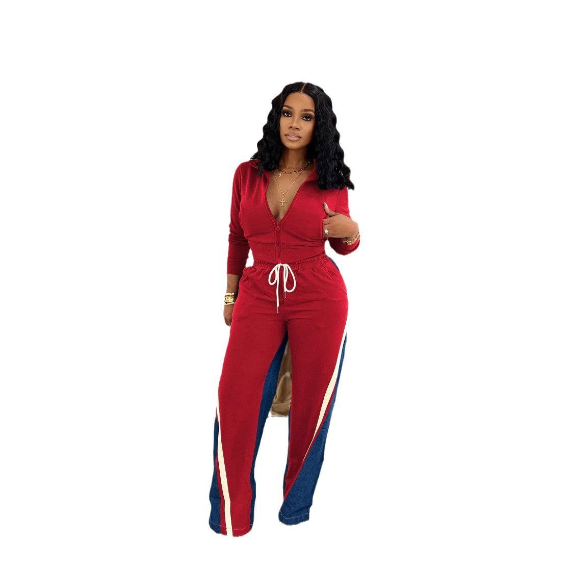 Women's Denim Thread Stitching Sport Two-piece Pocket Suits