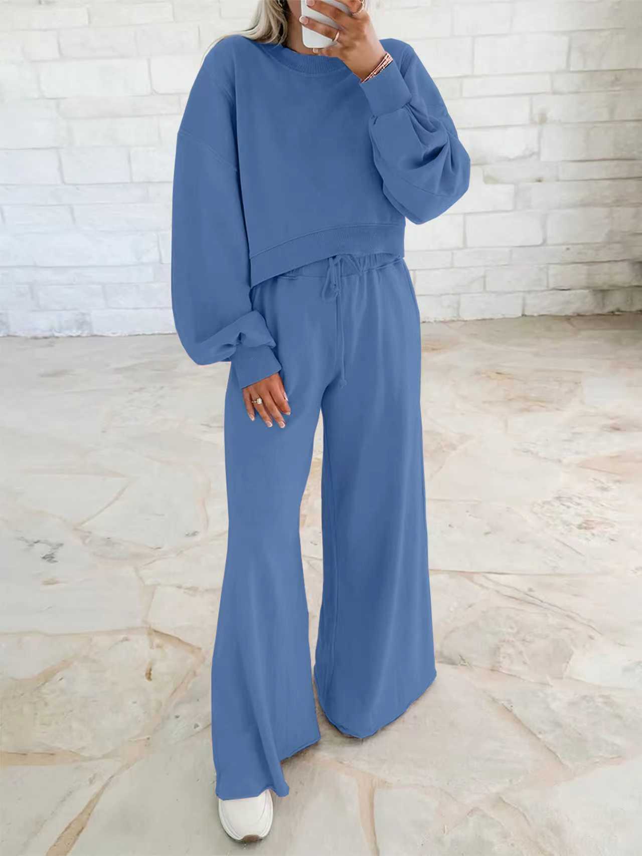 Women's Drop Shoulder Puff Sleeve Pullover Sweatshirt Suits
