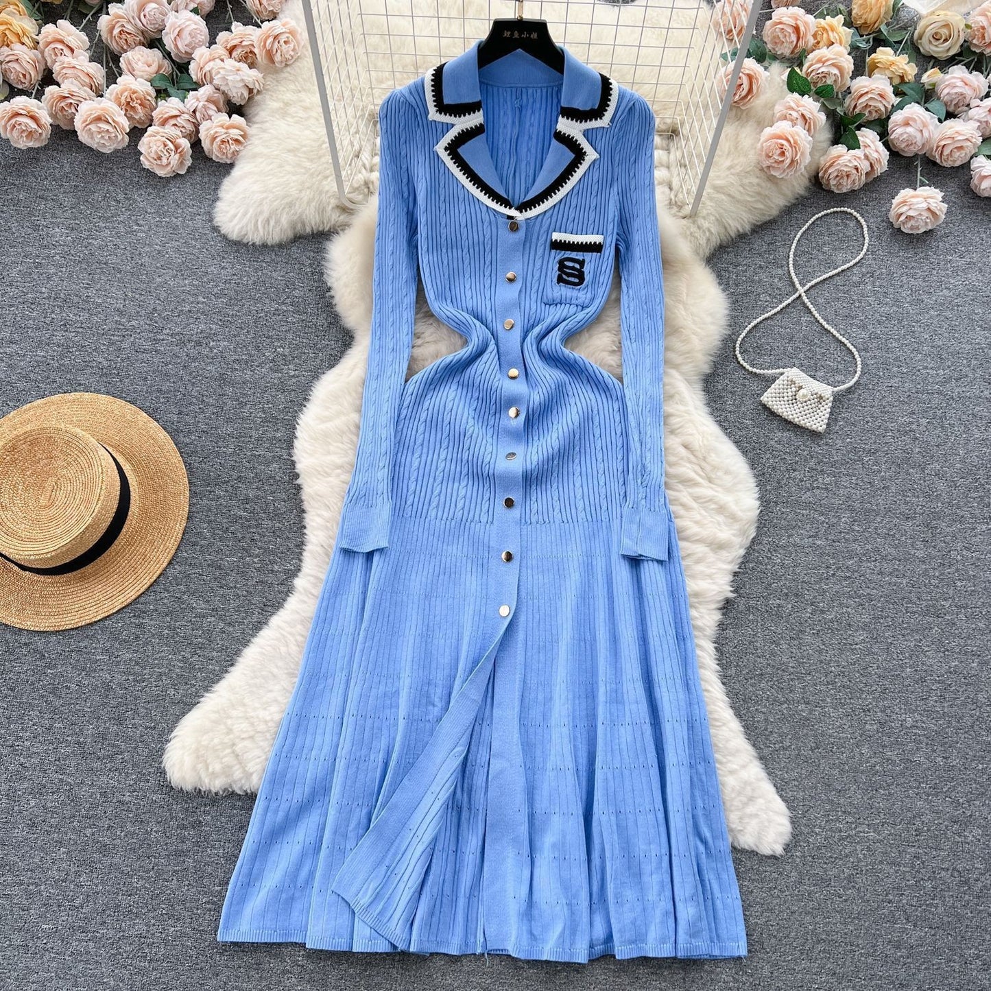 Contrast Color Lapels Knitted Dress Letter Dresses