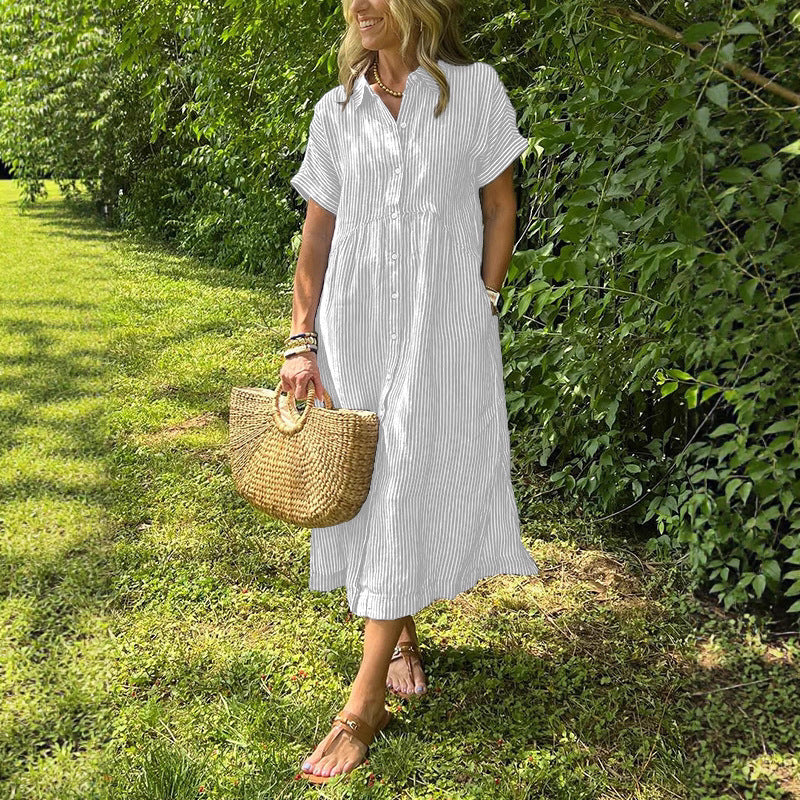 Women's Loose Striped Sleeve Shirt Summer Casual Cotton Shorts