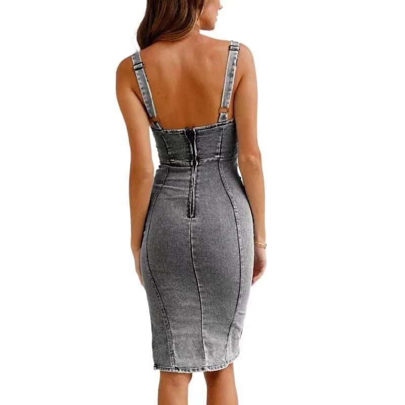 Distressed Casual Style Sling Dress Denim Dresses