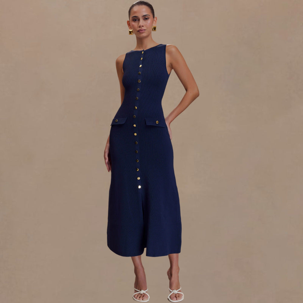 Slouchy Single-breasted Knitted Elegant Sleeveless Floor Dress