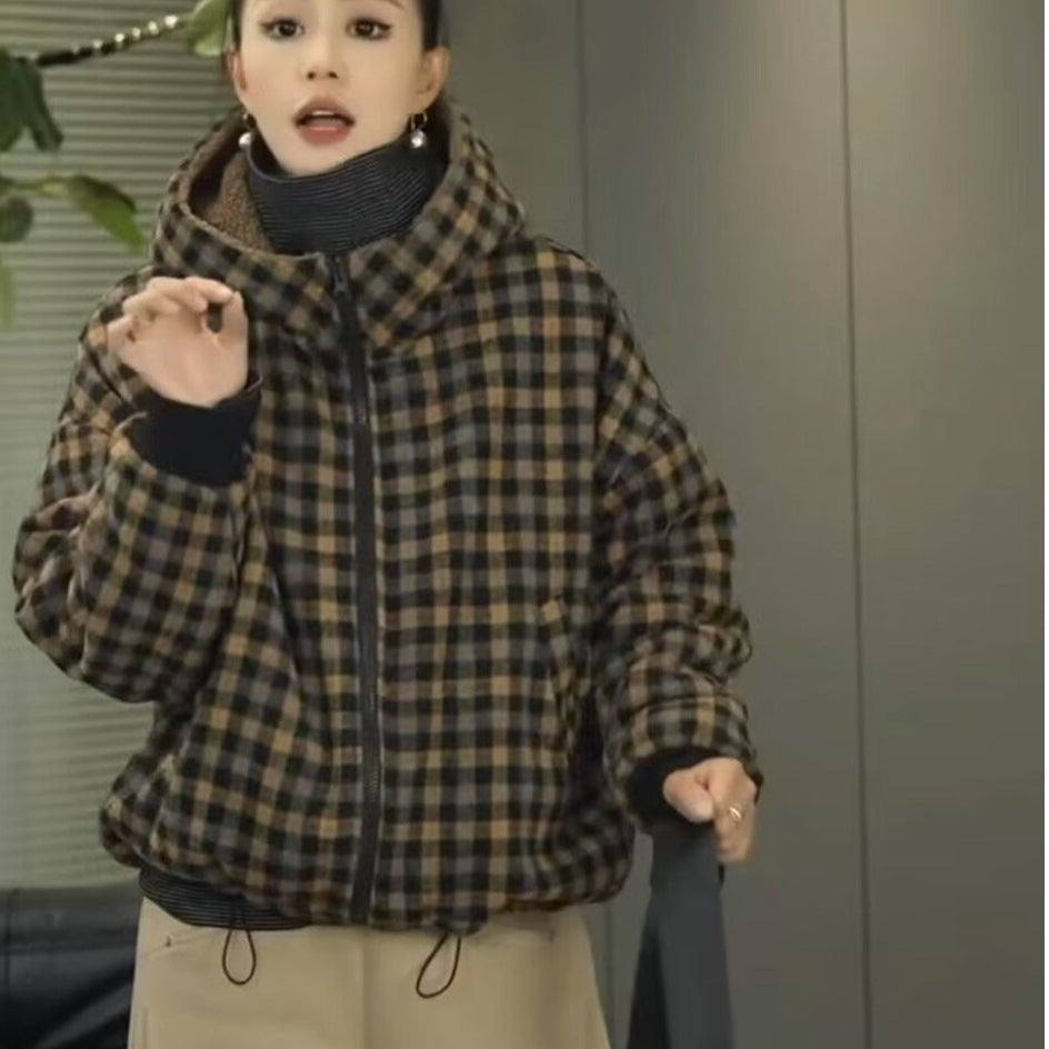 Women's Thickened Plaid Printed Hooded Cotton Casual Western Style Jackets