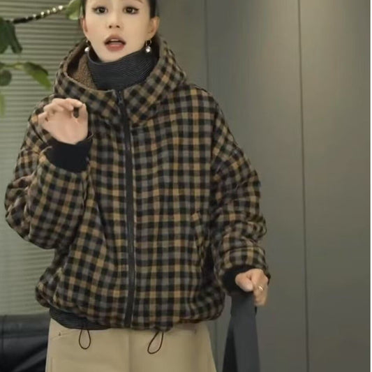 Women's Thickened Plaid Printed Hooded Cotton Casual Western Style Jackets