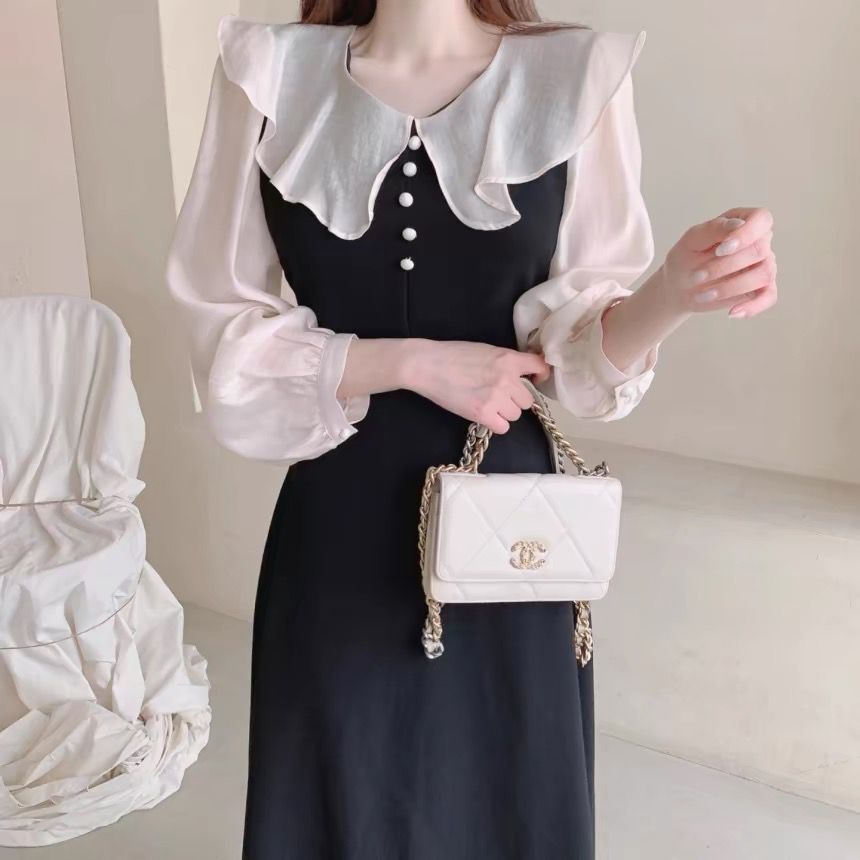 Women's Temperament Ruffled Stitching Fake Two-piece Waist Puff Dress