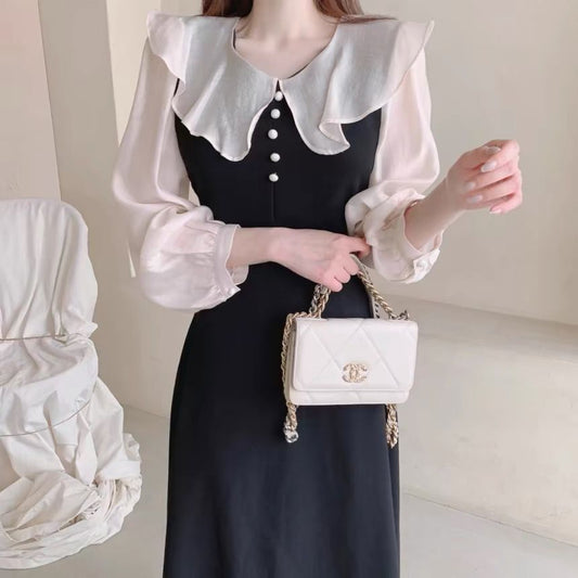 Women's Temperament Ruffled Stitching Fake Two-piece Waist Puff Dress