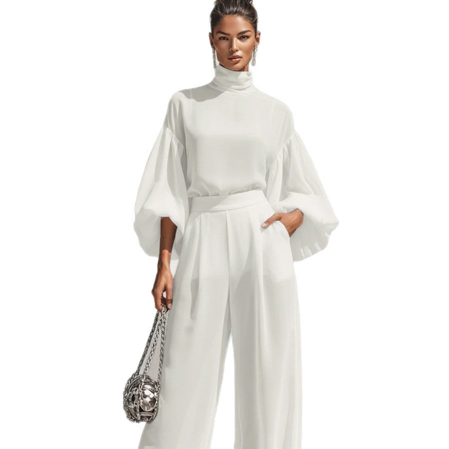 Color Stand Collar Bubble Long Sleeve High Waist Draping Wide Fashion Casual Suit