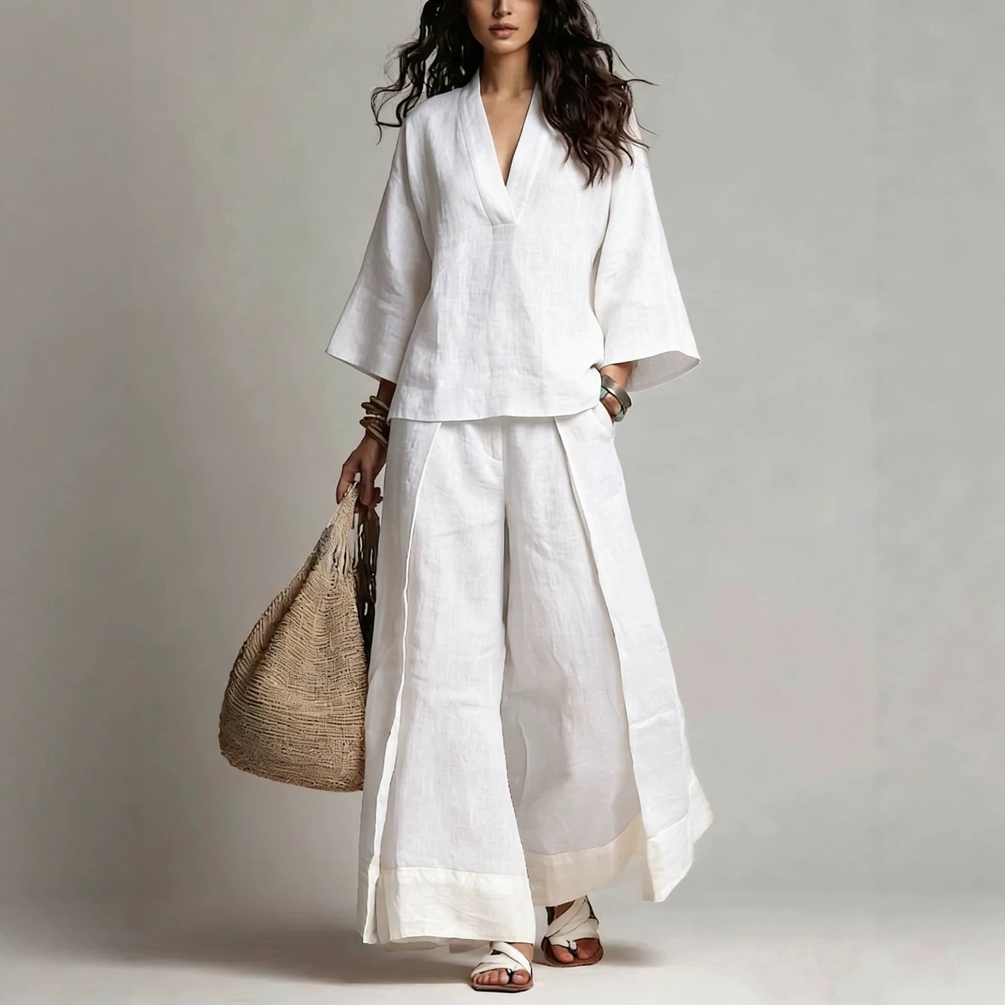 Women's Linen French Style Sleeve Shirt Wide Leg Fashion Casual Suit