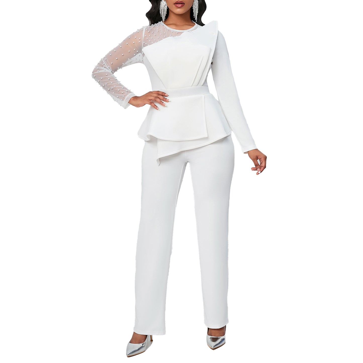Long Sleeve Temperament Mesh Splicing Beads Slimming Women's Jumpsuit/clothing