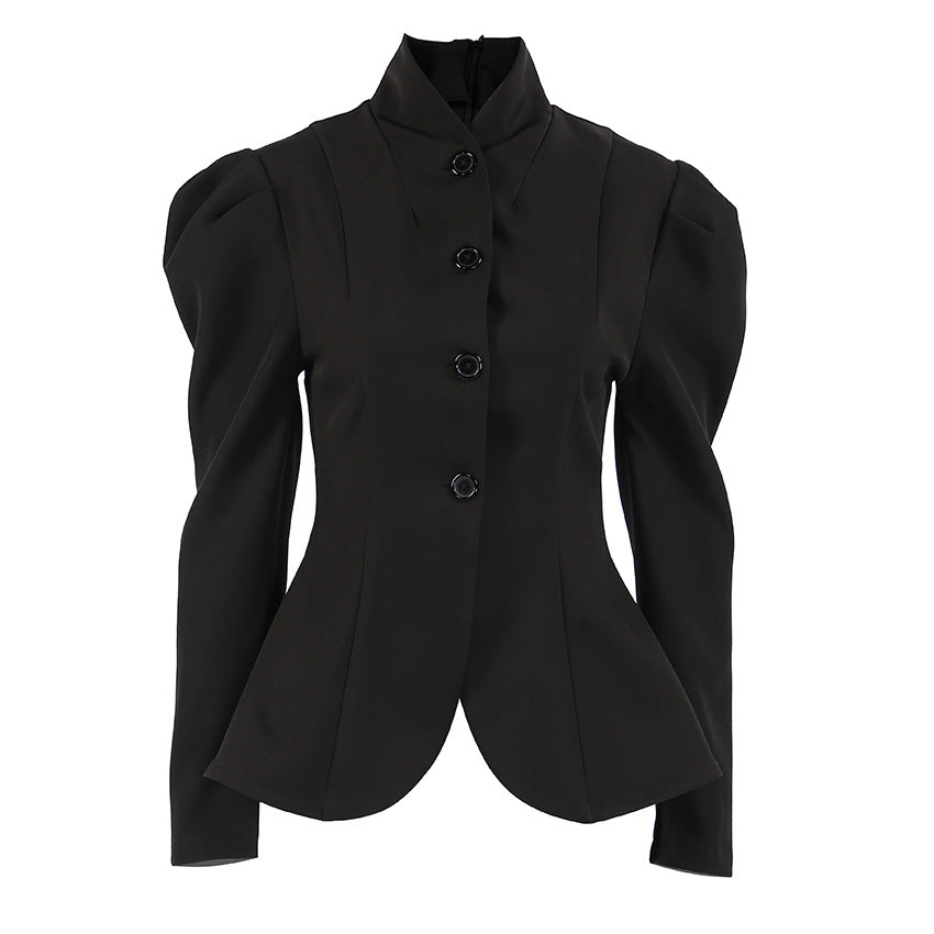 Women's Retro Black Stand Collar Small Commuter Blazers