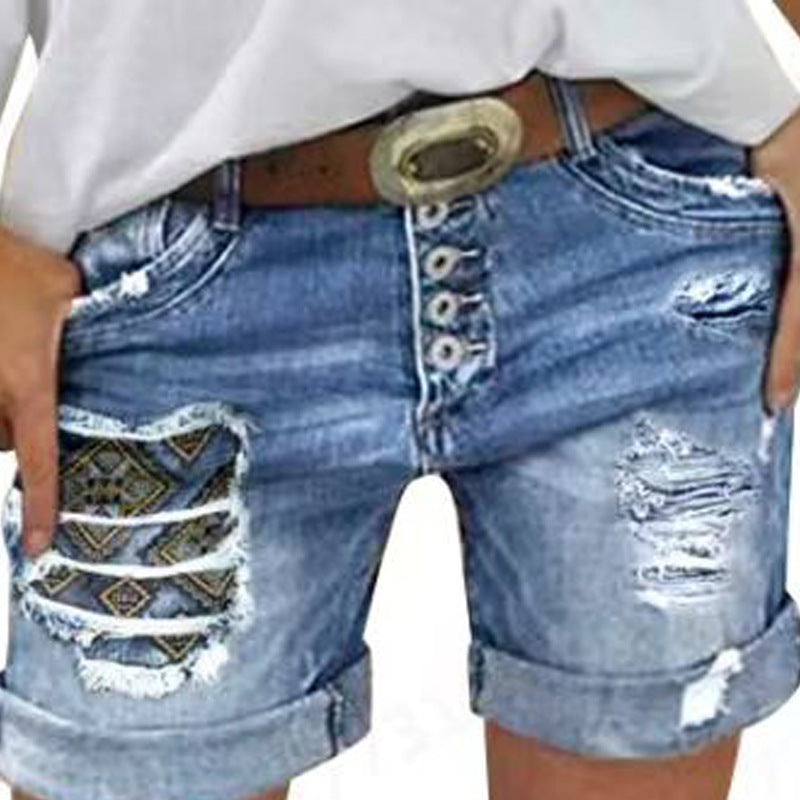 Women's Denim With Hole Curling Stretch Capri Shorts