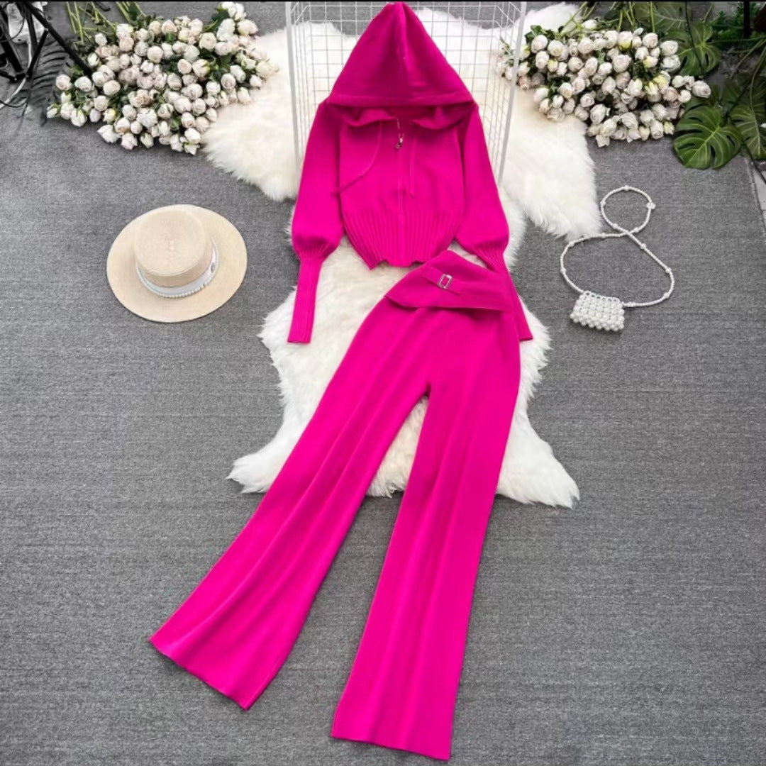 Women's Zipper Slim Fit Knitted Hooded Two-piece Set Suits