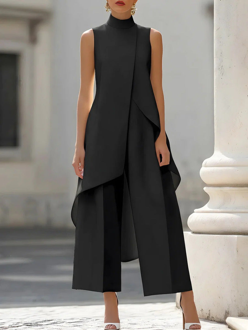 Commuter Slimming Irregular Design Turtleneck Sleeveless Laminated Pants