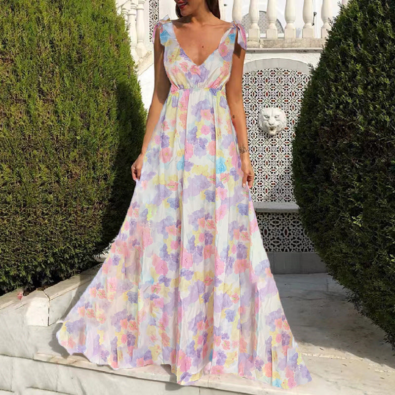 Women's Clothes Exposed Back Printed Large Swing Sleeveless Dress