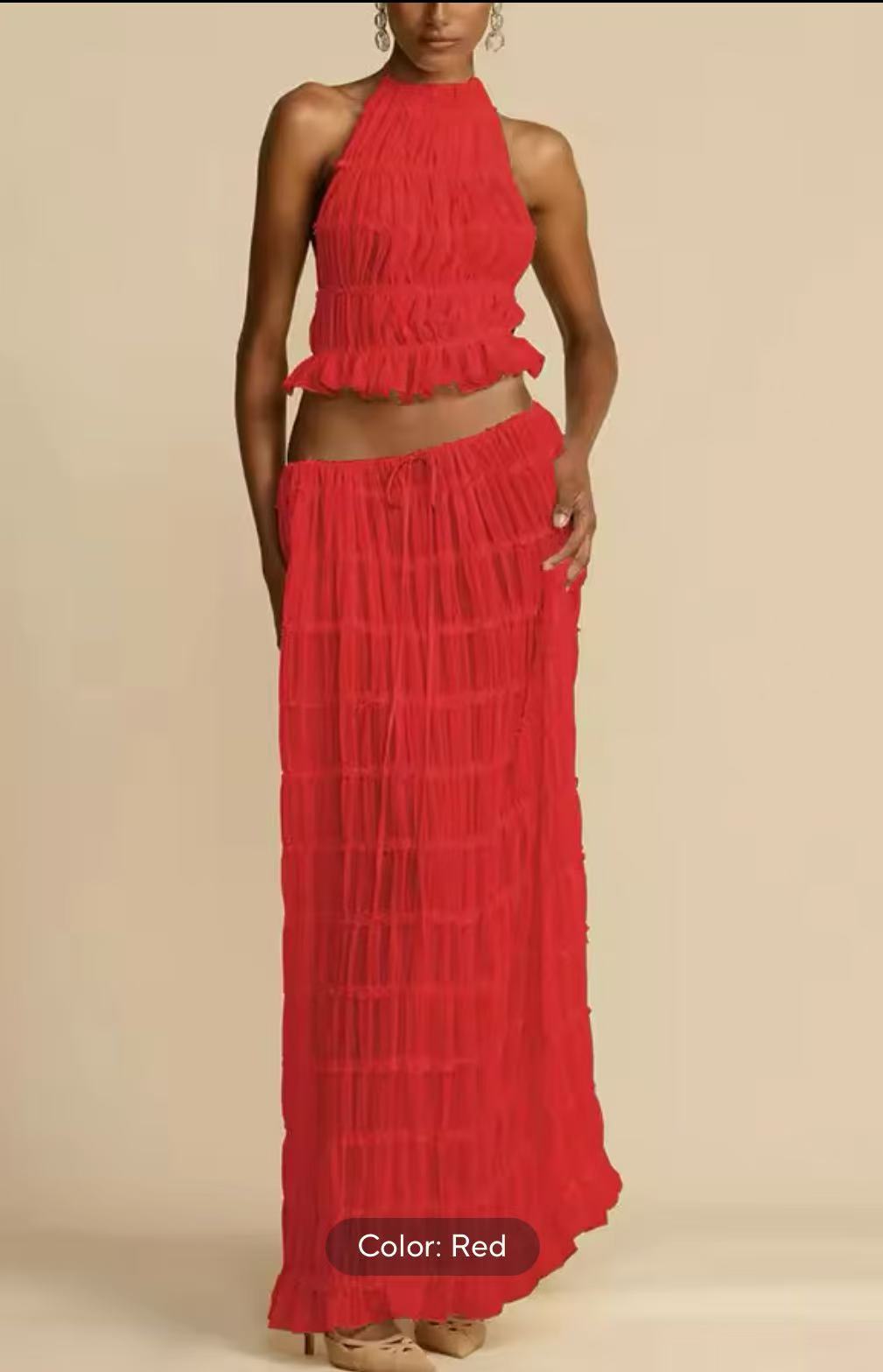 Strap Drawstring Chiffon Pleated Dress Two-piece Dresses