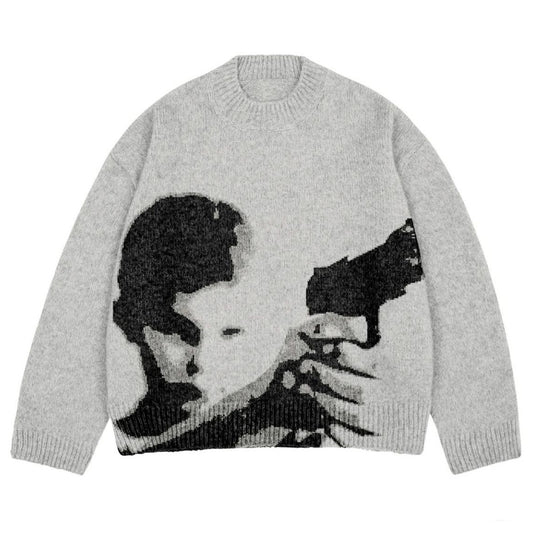 Round Neck Knitted Gothic Pattern Printed Sweaters
