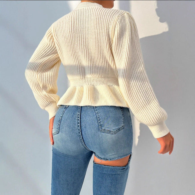 Women's Slimming Wear Temperament Crew Neck Ruffled Sweaters