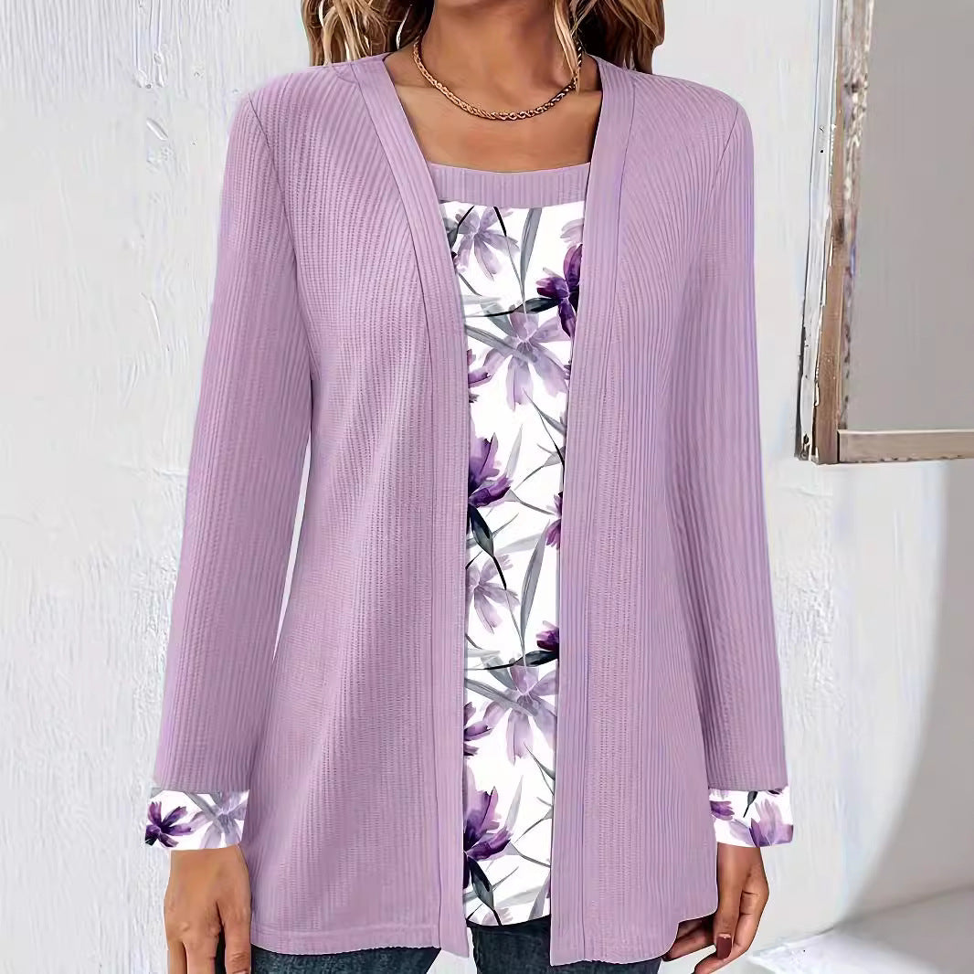 Women's Solid Color Printing Stitching Faux Two-piece Set Women's T-shirt