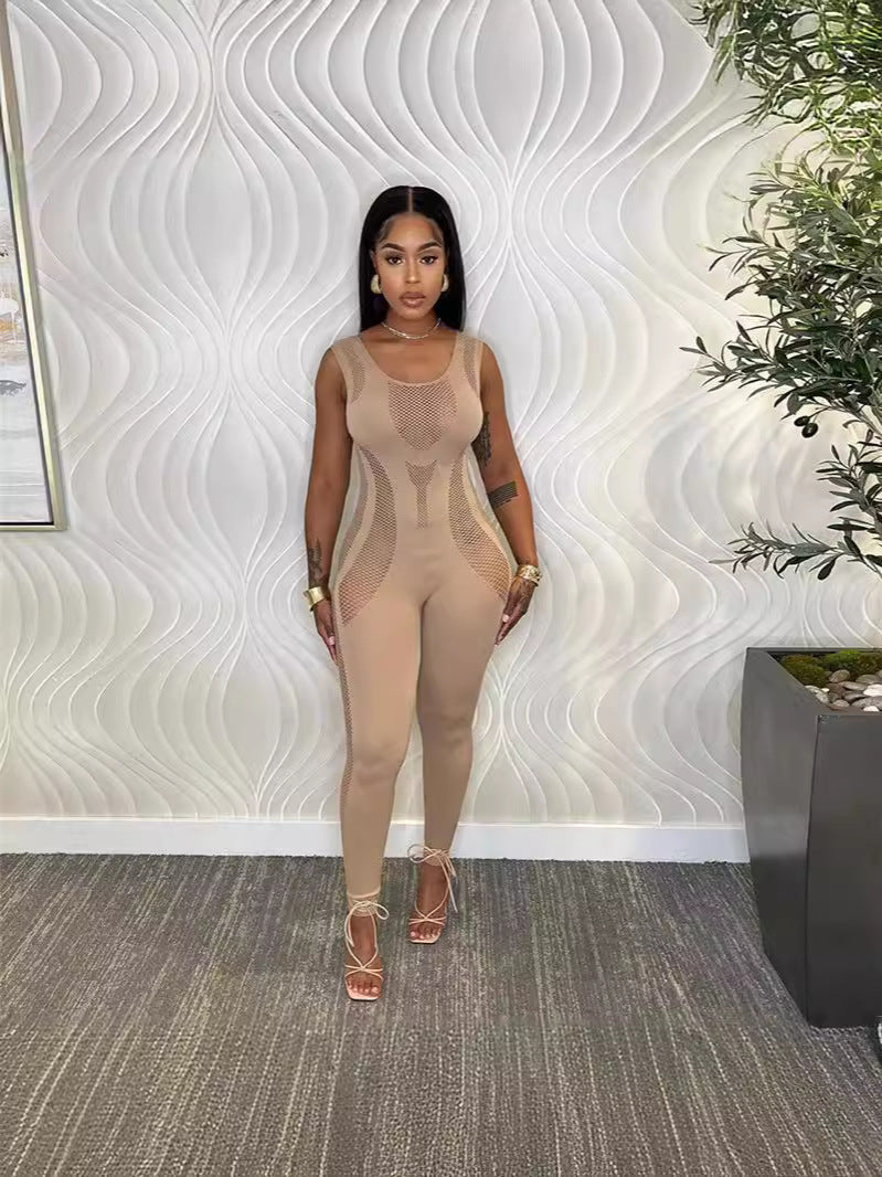 Women's Sexy Cutout Knitted Crocheted Sleeveless High Waist Women's Jumpsuit/clothing