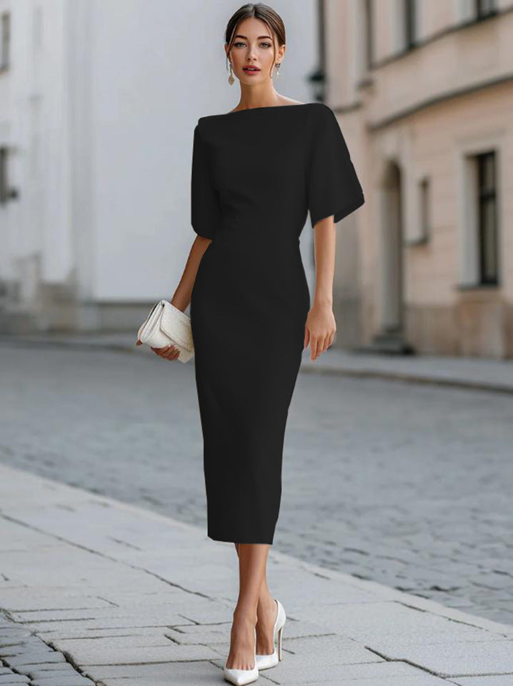 Women's Color Round Neck Shirt With Half Sleeve Elegant Dress