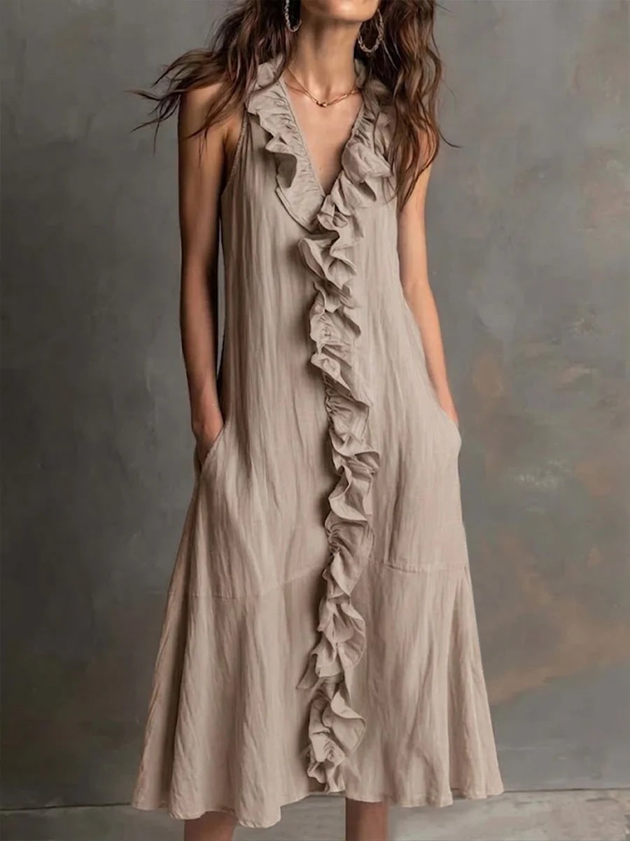 Women's Solid Color Sleeveless Cotton Linen Swing Dress