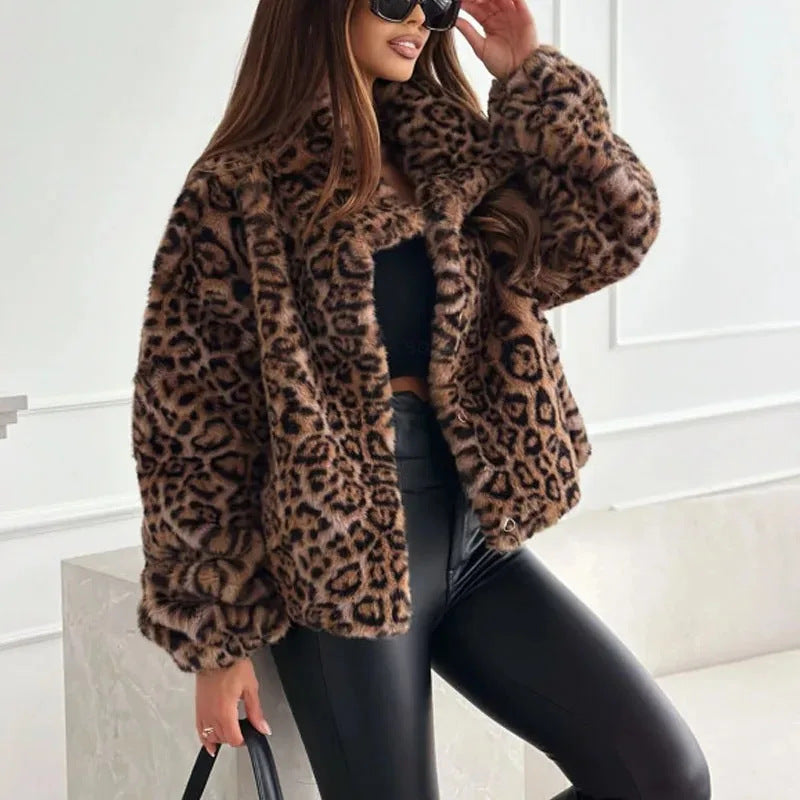 Women's Fashion Faux Leopard Fur Effect Jackets