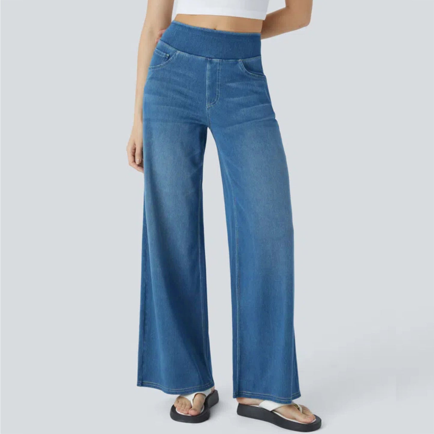 Women's Waist Wide Leg Elastic Straight Slimming Loose Jeans