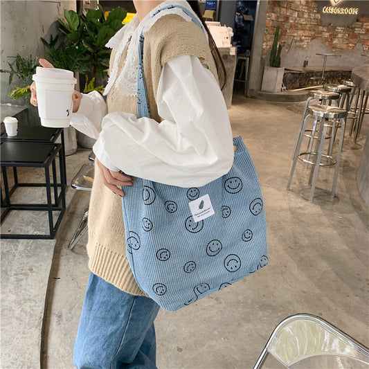 Retro Corduroy Smiley Face Female Class Canvas Tote Bags