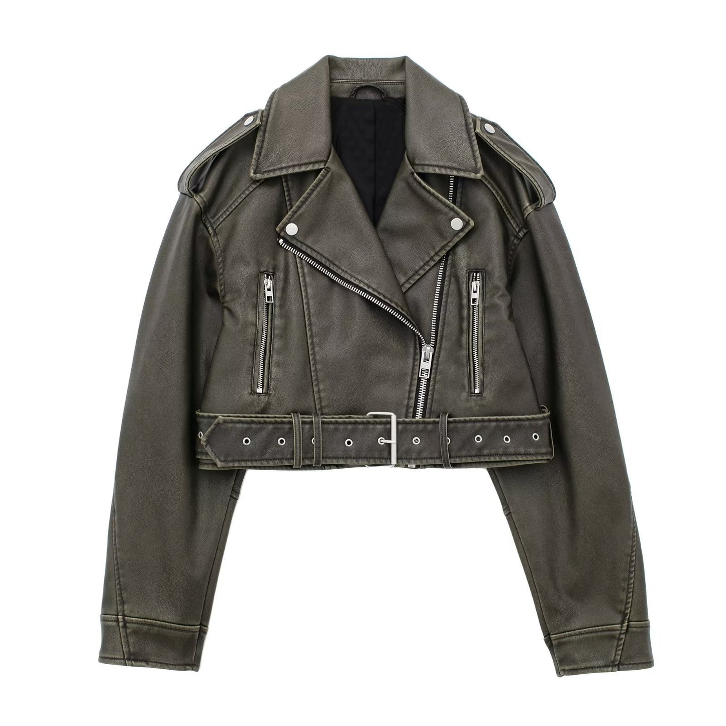 Women's Oblique Zipper Belt Lapel Leather Jackets