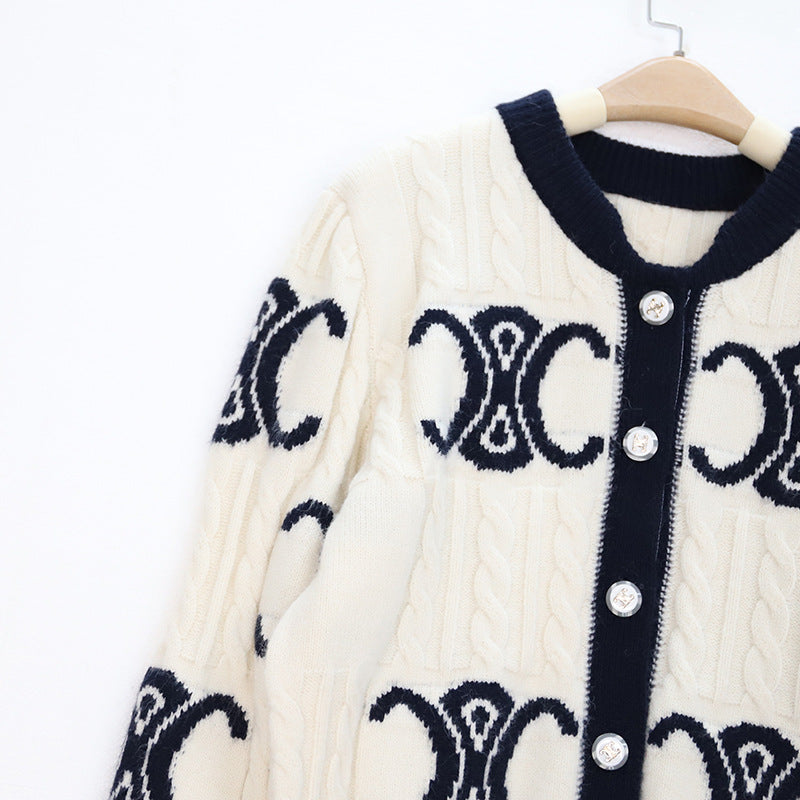 Style Knitted Letter Jacquard Contrast Color Round Neck Long Sweaters
